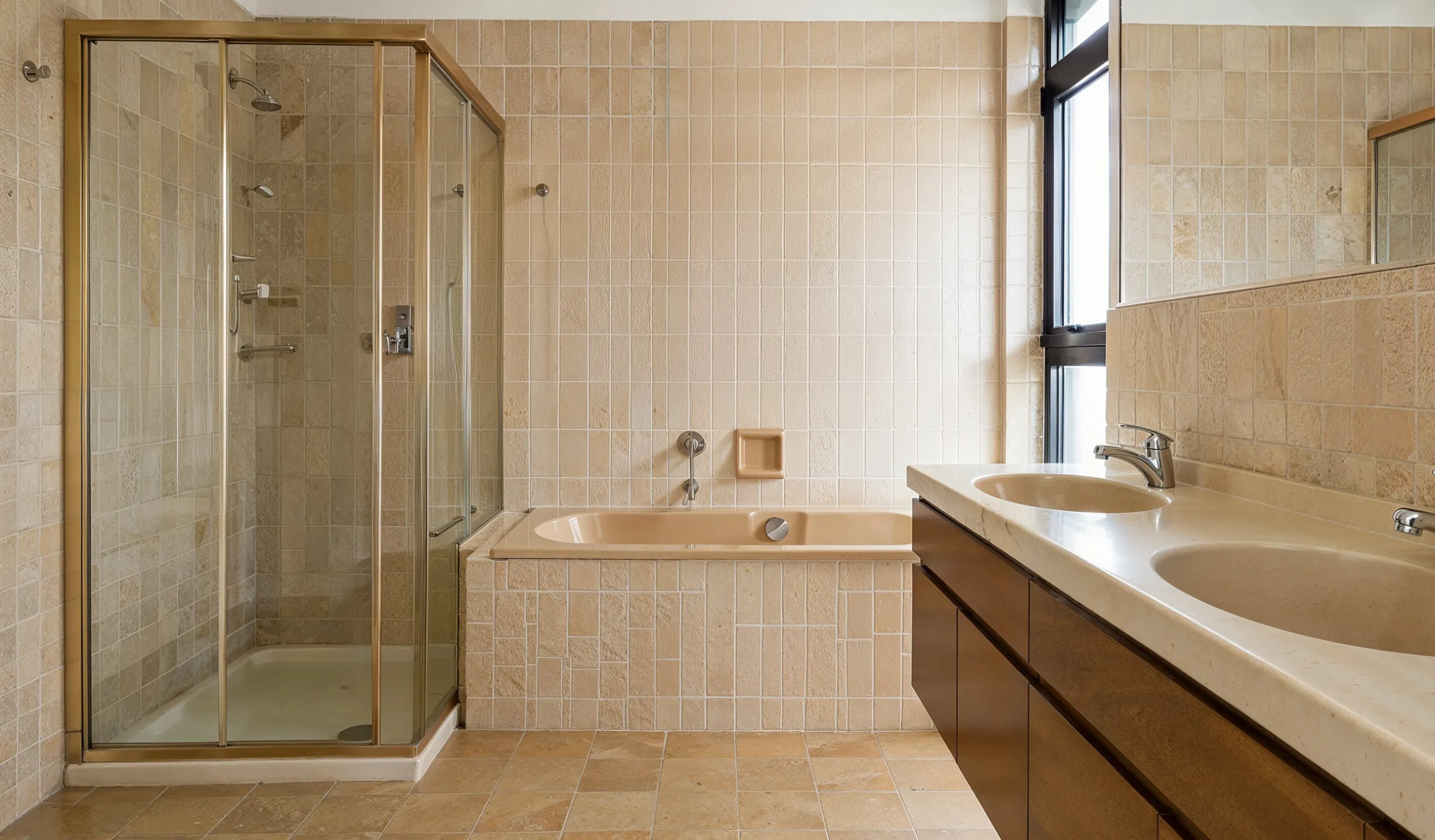 Before view of an outdated Los Angeles bathroom before remodeling with dated beige tile, older shower enclosure, built-in bathtub, worn vanity, and limited lighting