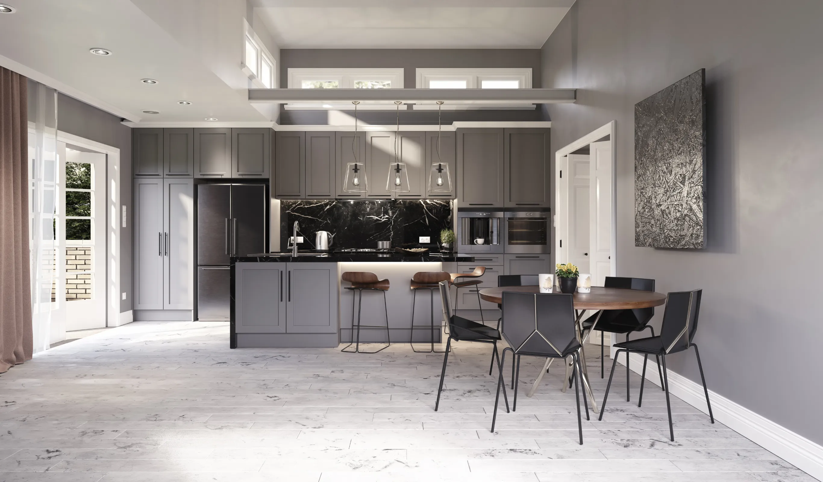 After view of a Los Angeles kitchen remodeling project with modern gray cabinets, white countertops, island seating, upgraded lighting, and improved kitchen layout