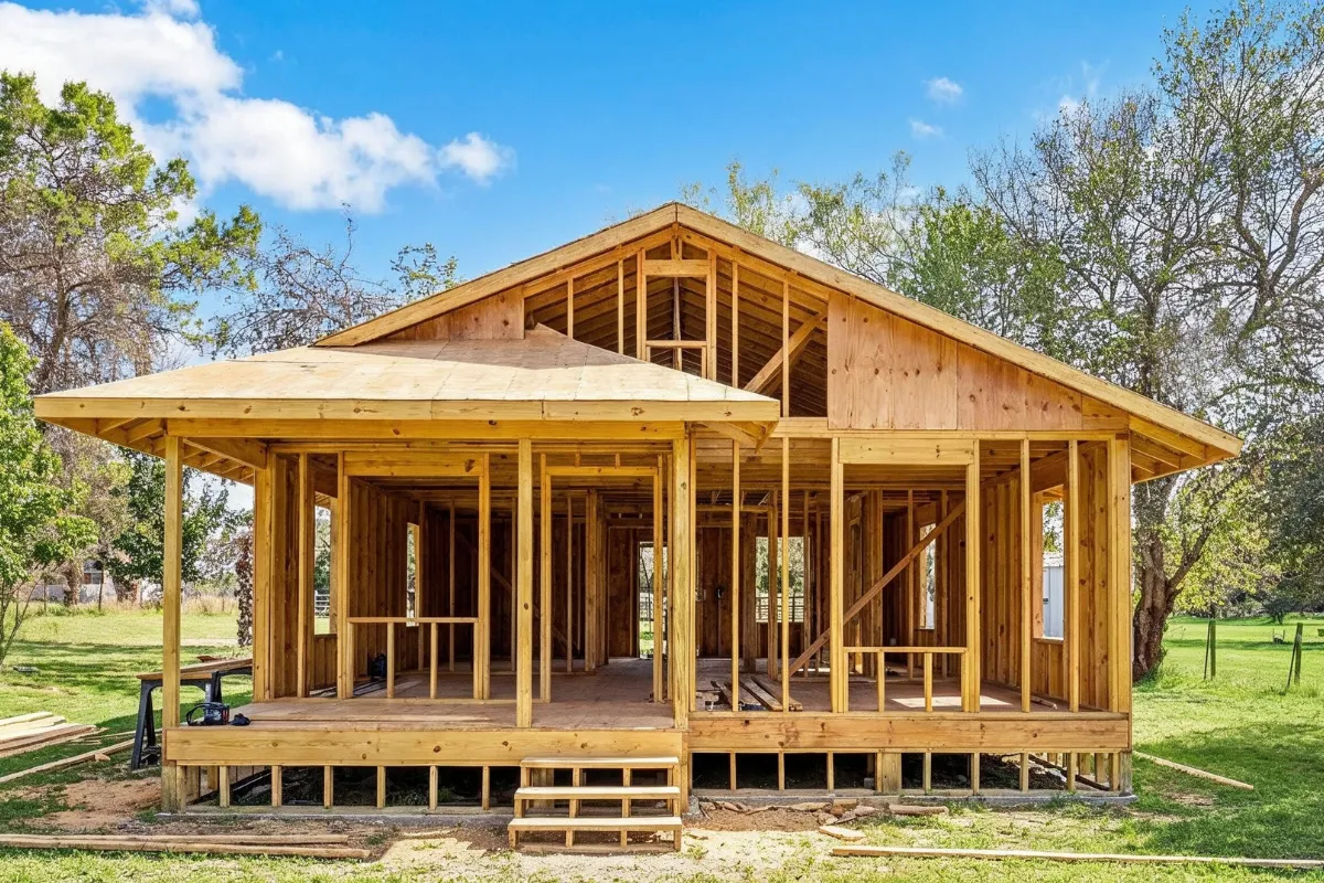 ADU builders in Los Angeles constructing a backyard accessory dwelling unit with wood framing and covered porch structure
