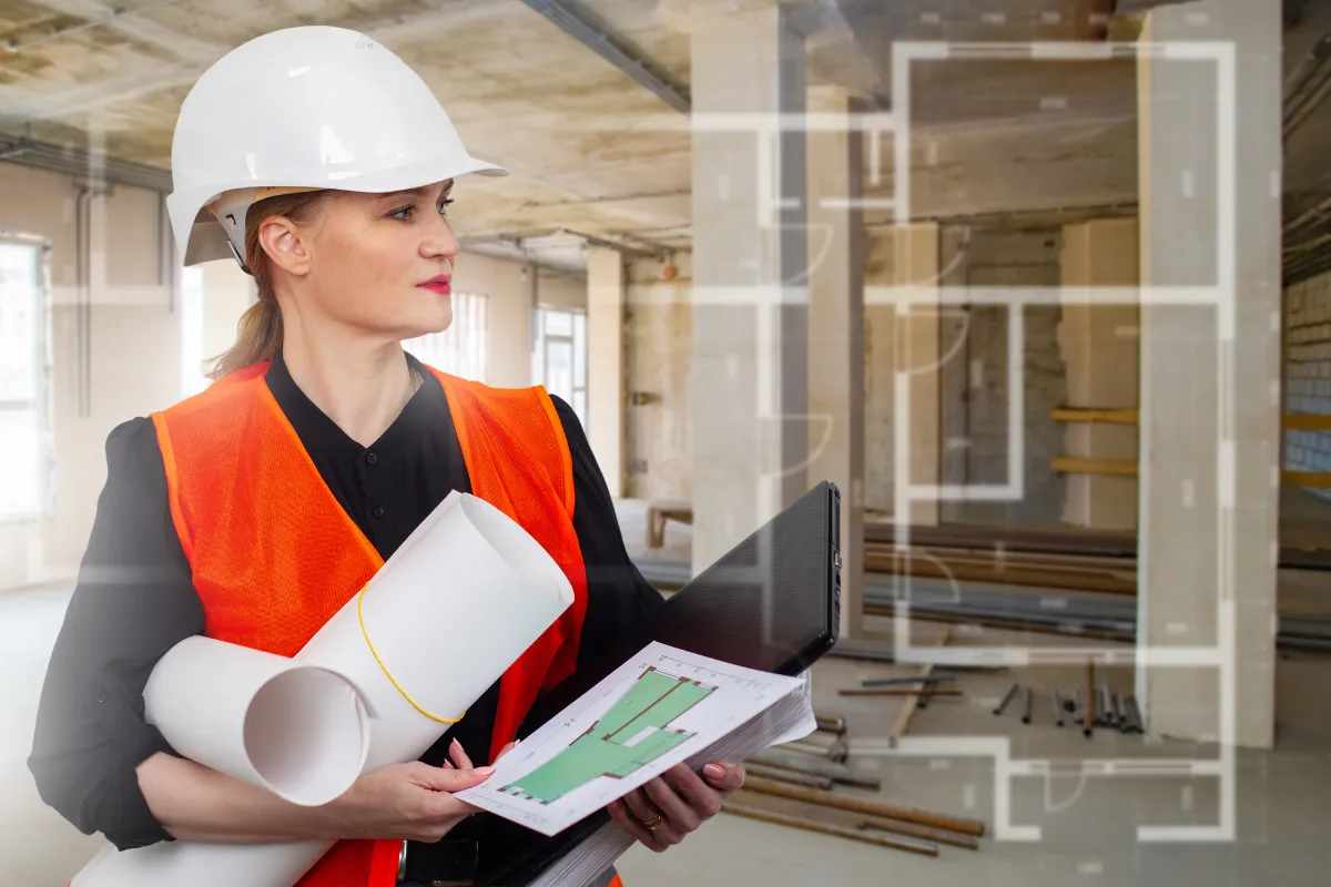 Permit planning consultation in Los Angeles with construction professional reviewing building plans inside an active project space