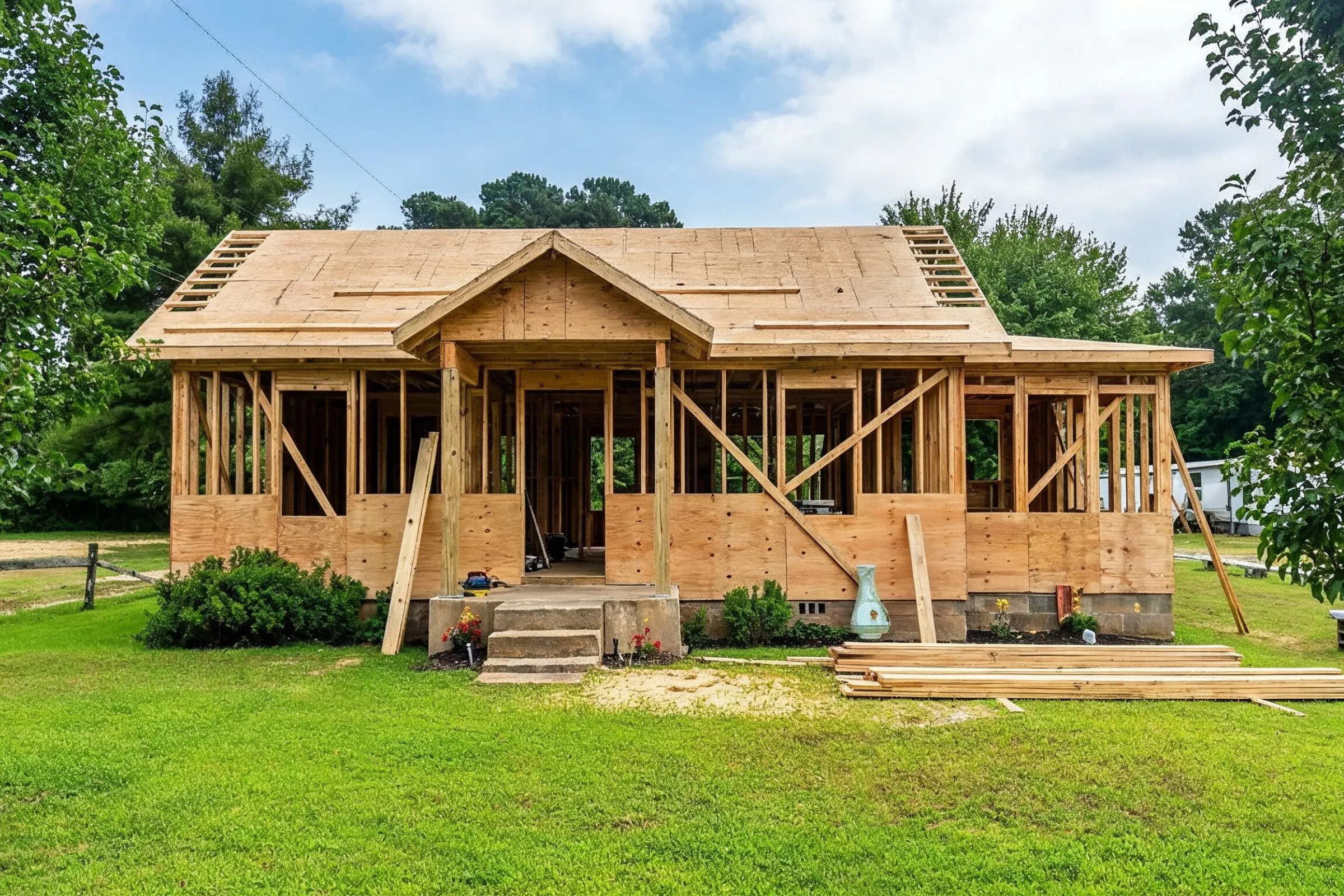 ADU builders in Los Angeles constructing a backyard accessory dwelling unit with wood framing, roof structure, and residential construction work in progress