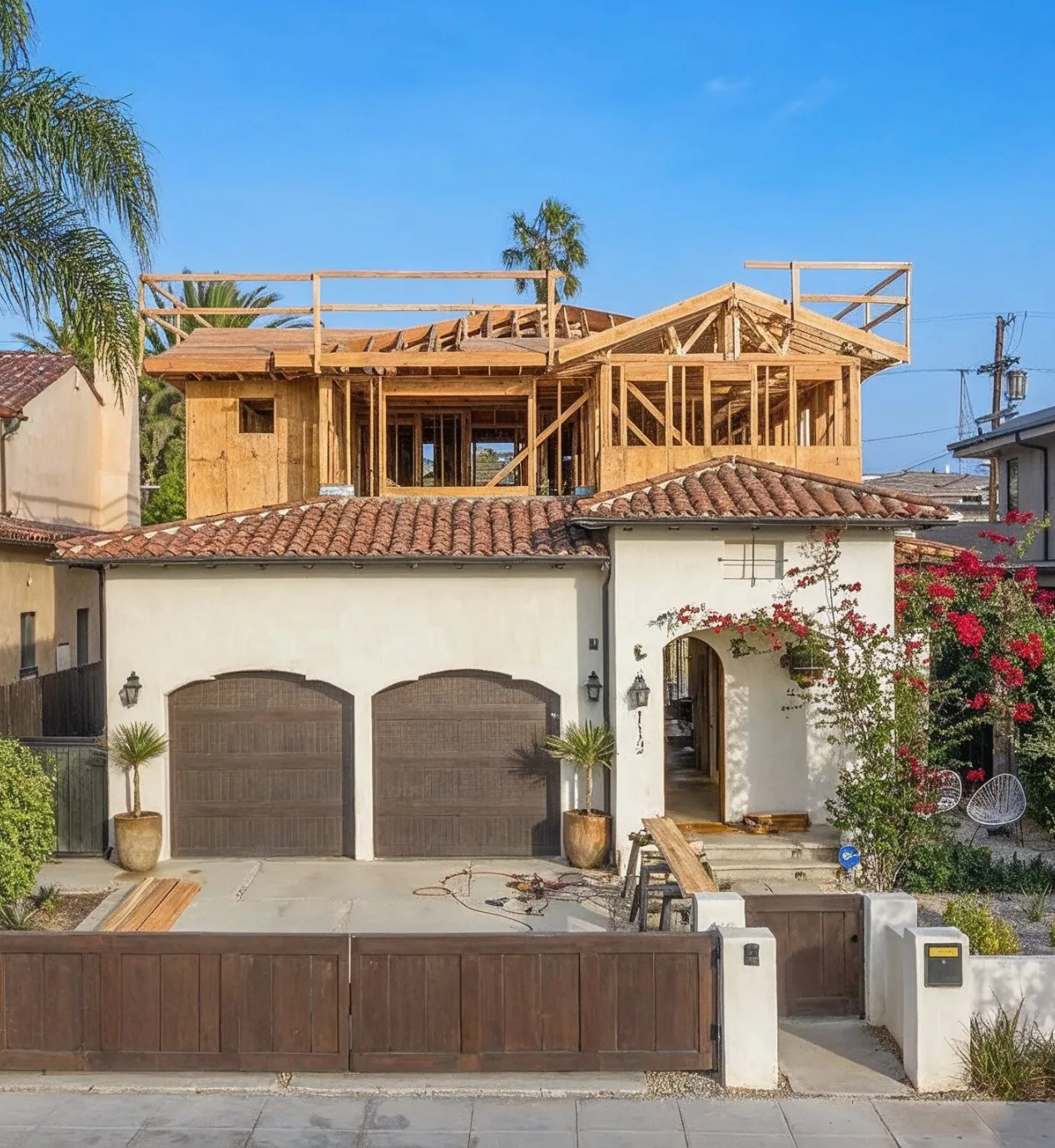 Los Angeles room addition project with new second-story framing above garage for added living space and home expansion