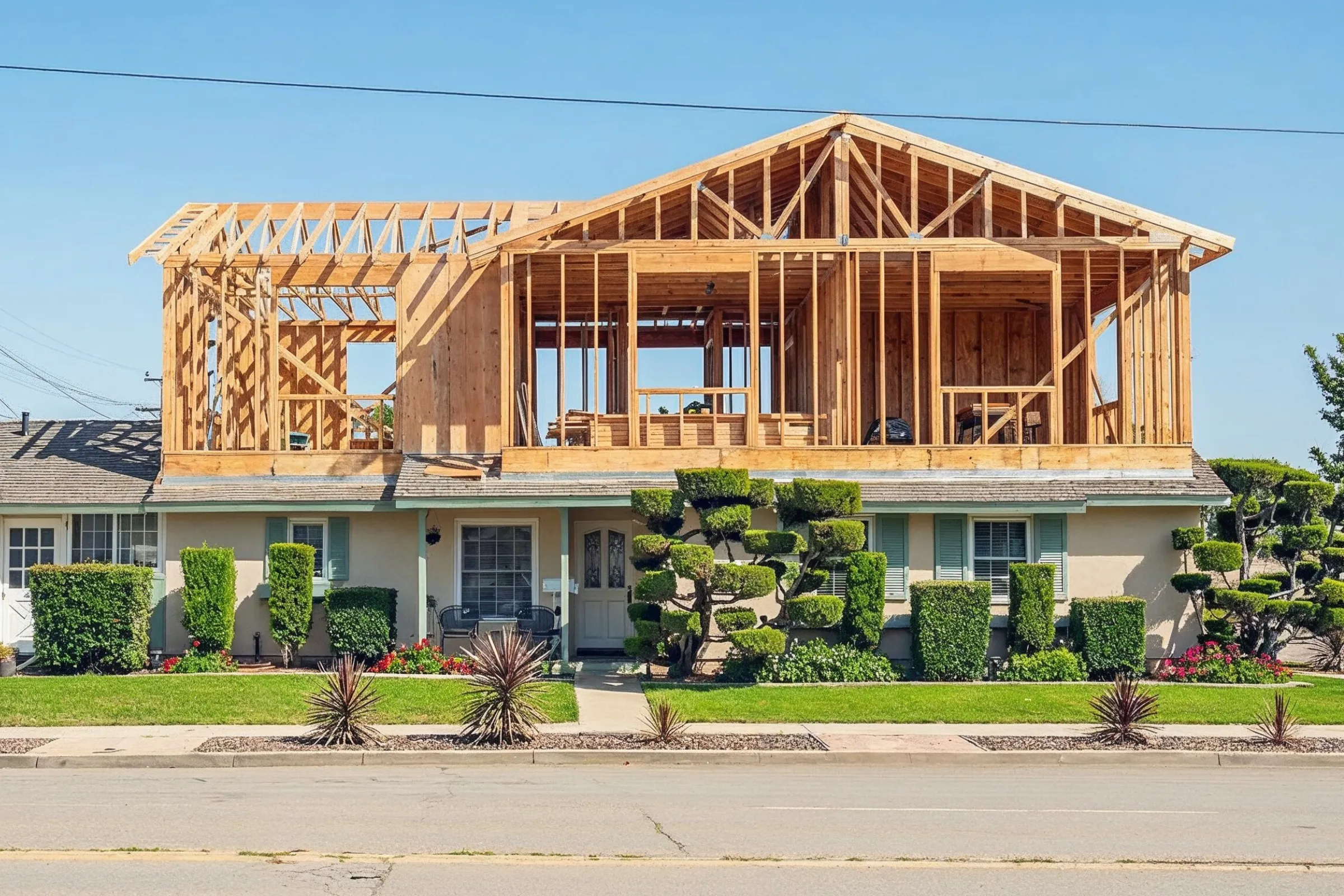 Room additions in Los Angeles with second-story home addition framing, roof structure, and residential expansion work in progress